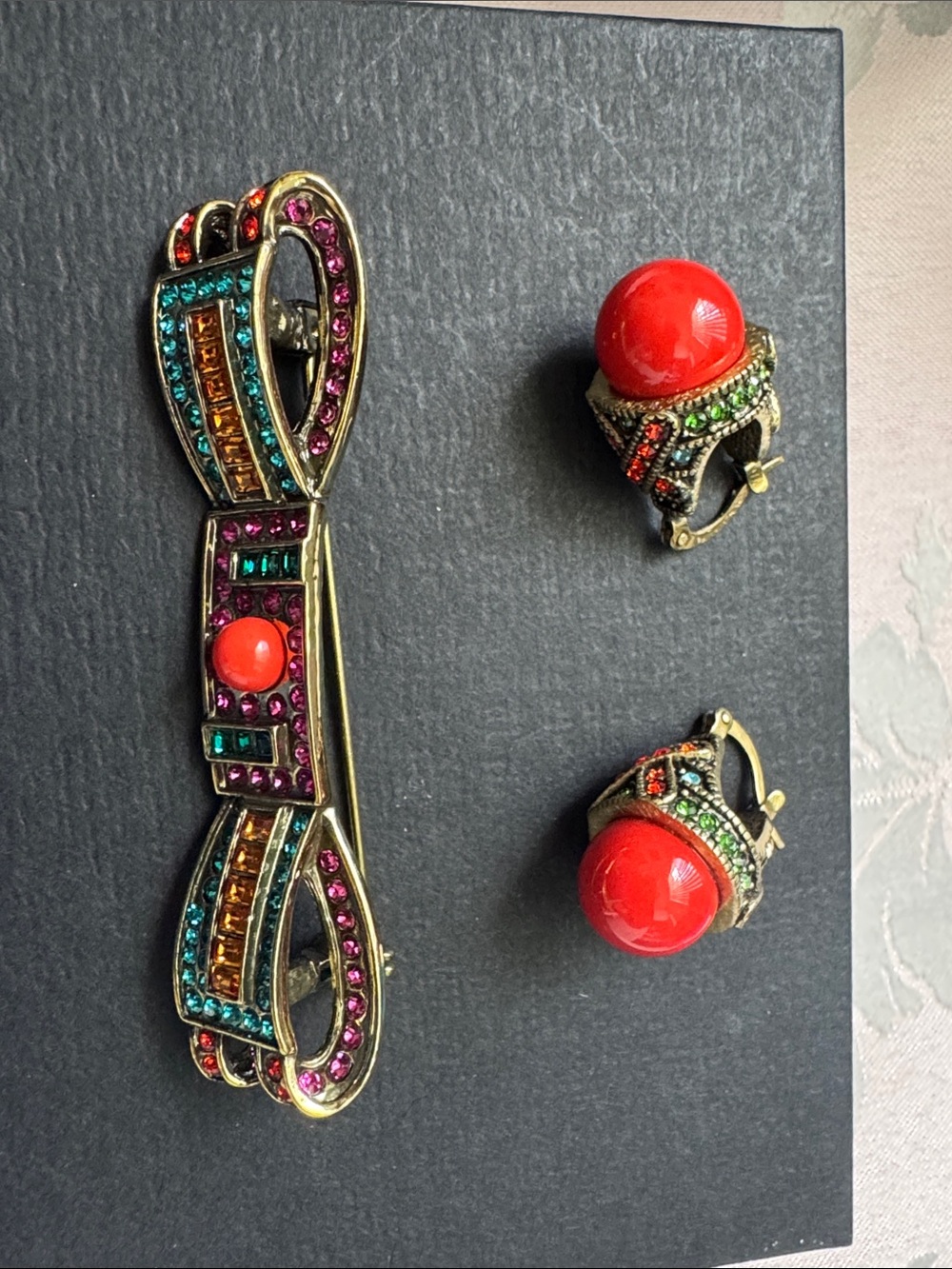 Heidi Daus Multicolor Bow Brooch and Red Cabochon pierced Earrings